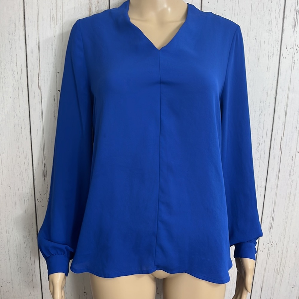 Anthropologie Pleione Royal Blue Long Sleeve 100% Polyester V Neck Blouse Size S